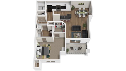 A floor plan of a house with a kitchen, living room, dining room, and two bedrooms.